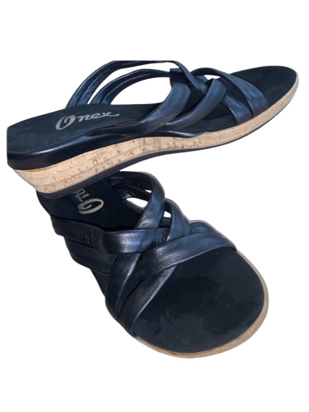 Onex Black Leather Strap Sandals Cork Platform, 2” Heel Cushioned Footbed 40 Euc